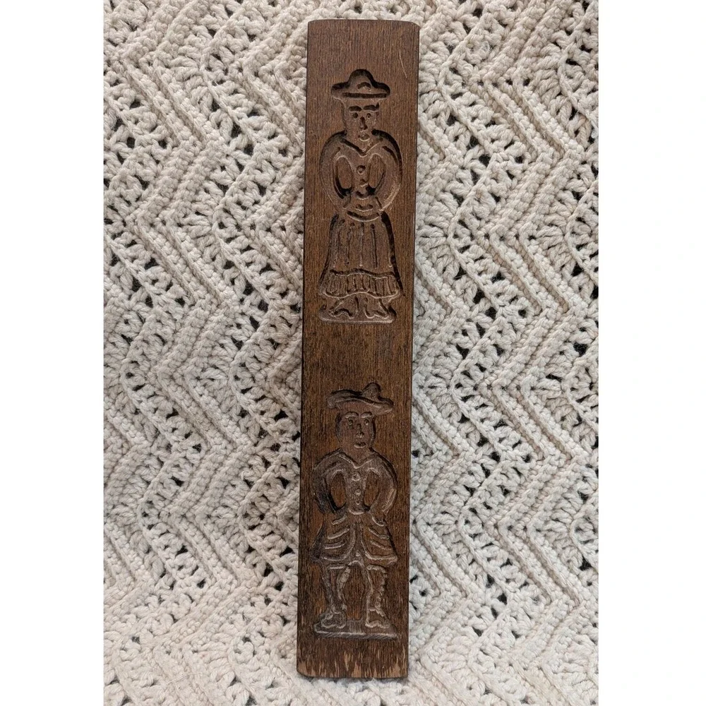 Vintage Wooden Speculaas Cookie Mold Hand Carved Folk Art Man Woman 13.5 Inch
